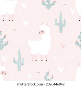 Seamless pattern with a cute animal llama and cacti on a pink background. Vector illustration for printing on fabric, packaging paper, clothing. Cute baby background for girls