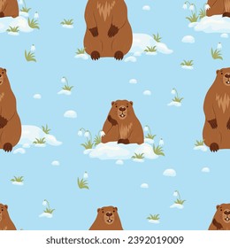 Seamless pattern with cute animal marmots with snow and snowdrops on blue background. Vector illustration. Holiday design, decor, packaging and wallpaper for Groundhog Day February 2