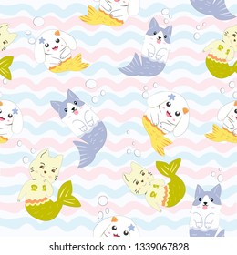 seamless pattern cute animal mermaid cartoon, illustration vector comic art for any card.