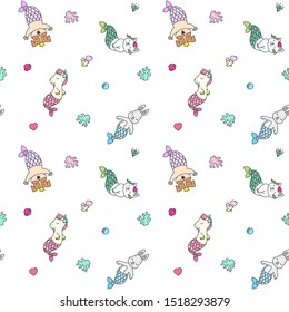 Seamless pattern with cute animal mermaids, shells, corals, pearls, fish and diamonds on white background. Vector 8 EPS.