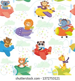 Seamless pattern with cute animal on planes in sky. Funny pilots. Giraffe, bear, tiger, elephant, monkey, lion, panda, koala Vector illustration