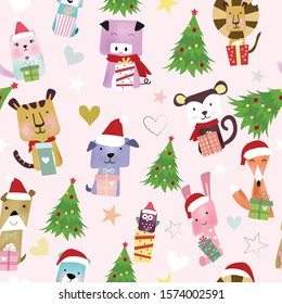 seamless pattern cute animal on christmas cartoon,illustration vector doodle comic art.