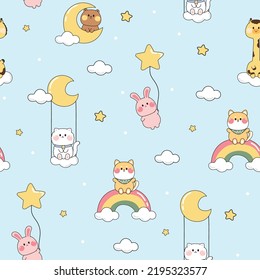 Seamless pattern of cute animal on sky background.Rabbit,cat,shiba inu dog,giraffe hand drawn.Star,rainbow,cloud cartoon.Kawaii.Vector.Illustration.