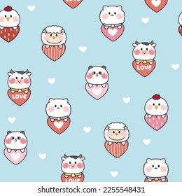 Seamless pattern of cute animal on heart balloon blue backgorund.Valentines day.Panda bear,chicken,sheep,cat,cow hand drawn.Image for card,poster,baby clothing.Kawaii.Vector.Illustration.