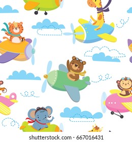 Seamless Pattern With Cute Animal On Planein Sky. Vector Illustration