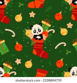 Seamless pattern with cute animal panda in Christmas sock with gift, gingerbread and Christmas balls on green background. Vector illustration in flat cartoon style