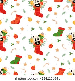 Seamless pattern with cute animal panda in Christmas sock with gift, gingerbread and Christmas balls on white background. Vector illustration in flat cartoon style. Kids collection