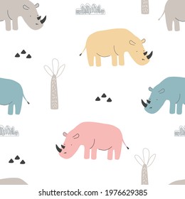 Seamless pattern with cute animal rhinos, palm trees and clouds on a white background. Vector illustration for printing on fabric, packaging paper, postcard, poster. Cute baby background