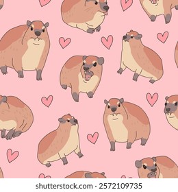 Seamless pattern. Cute animal rock hyrax with hearts on pink background. Vector illustration for design, wallpaper, packaging, textile. kids collection