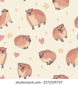 Seamless pattern. Cute animal rock hyrax with hearts and stars on beige background. Vector illustration for design, wallpaper, packaging, textile. kids collection