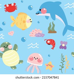 Seamless pattern of cute animal of sea creatures.Blue background.Turtle,shell,starfish,fish,dolphin,coral,shrimp cartoon.Underwater.Ocean.Kawaii.Vector.Illustration.