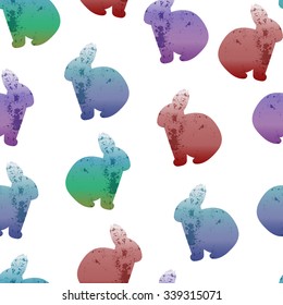 Seamless pattern with cute animal. Silhouette of rabbits, textured imitation of watercolor 