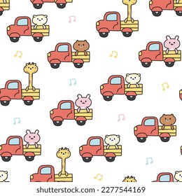 Seamless pattern of cute animal sit on truck with music note on white background.Baby clothing print screen.Rabbit,giraffe,sheep,bear cartoon hand drawn.Kawaii.Vector.Illustration.