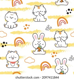 Seamless pattern of cute animal sitting on wite background.Cartoon character design.Image for apparel, fabric, textile, wrapping paper gift.Kawaii.Cat,rabbit,dog,bear drawn.Vector.Illustration.