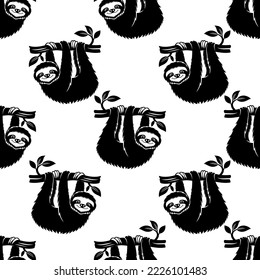 Seamless pattern with cute animal sloth on a branch on a white background.