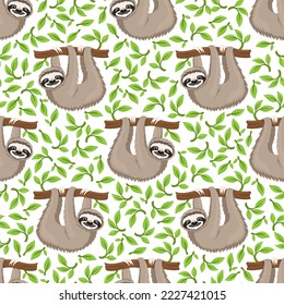 Seamless pattern with cute animal sloth on a branch and leaves on a white background.