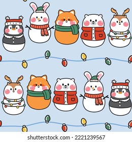 Seamless pattern of cute animal snowman with light christmas on blue background.Animals character cartoon design.Penguin,rabbit,red panda,bear,deer doodle.Kawaii.Vector.Illustration.