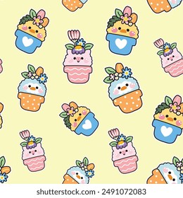 Seamless pattern of cute animal stay in plant pot with flower background.Spring.Floral.Chicken,penguin,pig.Cartoon animal character design.Image for card,poster,sticker,baby clothing.Kawaii.Vector.