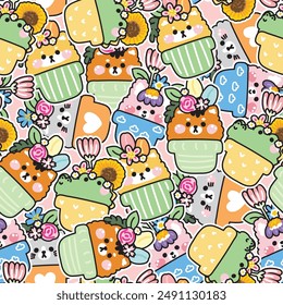 Nahtloses Muster von niedlichen Tier bleiben in Pflanzentopf mit Blumenhintergrund.Frühling.Floral.Tiger, Krokodil,Katze,Shiba inu Hund,Kaninchen.Cartoon Tier Charakter Design.Kawaii.Vektorgrafik.Illustration