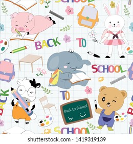 Seamless pattern cute animal student back to school cartoon.baby elephant,rabbit,pig,teddy bear and cow happy back to shool.illustration vector comic art.