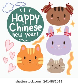 Seamless pattern of cute animal teddy bear , tiger face with pastel heart on white background Hand drawn.Kawaii.Vector.Illustration.