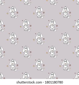 Seamless pattern with a cute animal - a white dog with his tongue hanging out and hearts on a purple background. Vector. For design, packaging and decoration.