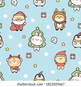 Seamless pattern of cute animal in winter concept.Cartoon character design.Rabbit,bear,deer,penguin.Background.Wallpaper.Vector.Illustration.