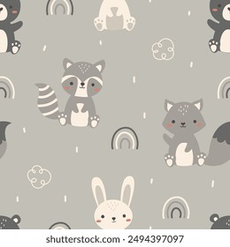 Seamless pattern with cute animal woodland. Bear, rabbit, fox, raccoon in pastel color. Used for fabric, textile, wallpaper, wrapping, kids apparel design. Vector illustration