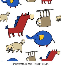 Seamless Pattern of Cute Animals - 2. Horse, Elephant,  Racoon and Sloth.