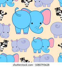 Seamless pattern with cute animals of the African savannah. Elephant, hippo, zebra. Back view.Vector drawing in the cartoon style. Children's illustration.