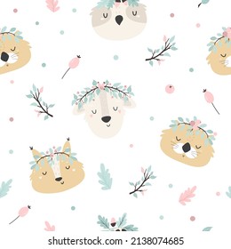 Seamless pattern with cute animals anf forest elements. Vector illustration for baby prints, wallpaper, wrapping paper