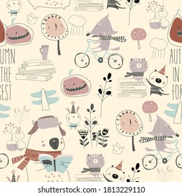 Seamless pattern with cute animals in autumn forest