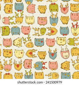Seamless pattern with cute animals for baby fabric, kids textile, hipster background in doodle style. Modern texture. Vector retro illustration.