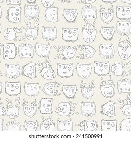 Seamless pattern with cute animals for baby fabric, kids textile, hipster background in doodle style. Modern texture. Vector retro illustration.