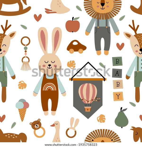 seamless\
pattern with cute animals and  baby boy\
elements