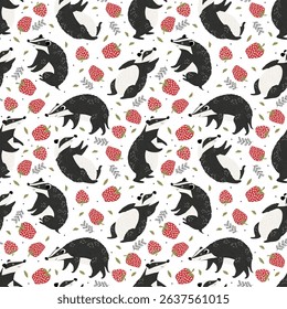 Seamless pattern with cute animals badgers and sweet ripe strawberries with decorative leaves on white background.