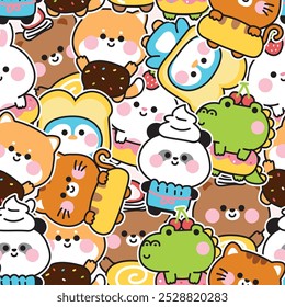 Seamless pattern of cute animals in bakery mascot sticker background.Penguin,shiba inu dog,teddy bear,cat,panda,crocodile hand drawn.Kawaii.Vector.Illustration.