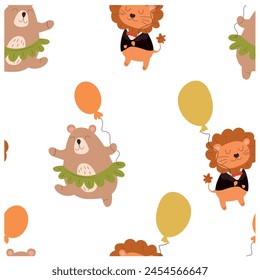 Seamless pattern with cute animals and balloons. Vector illustration.