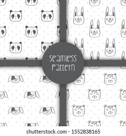 Seamless Pattern of cute animals in the black white style