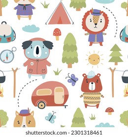 Seamless pattern with cute animals in the camp on a white background. Vector illustration in flat cartoon style for kids print t-shirt, kids camp.