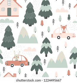 Seamless pattern with cute animals in the car, the forest and houses in the winter time. Vector illustration for children.