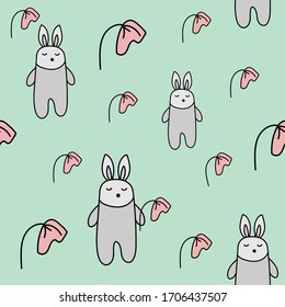 seamless pattern with cute animals. cartoon Bunny with a flower