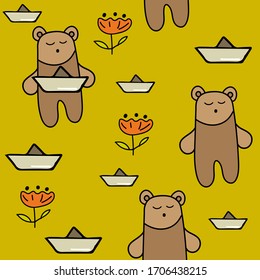 seamless pattern with cute animals. cartoon bear with a paper boat