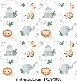 Seamless pattern with cute animals in cartoon style: hippo, lion, giraffe, elephant. Perfect for children