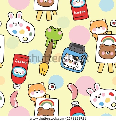 Seamless pattern of cute animals cartoon in stationery art pastel background.Paiting.Drawn.Brush.Color.Rabbit,frog,penguin,bear,cat,shiba inu dog hand drawn.Kawaii.Vector.Illustration.