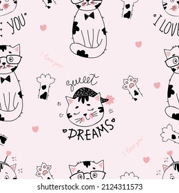 Seamless pattern. Cute animals cat in glasses and tie, sleeping in nightcap and kitten with hearts on light background with cat paws. Vector illustration in hand drawn linear doodle style