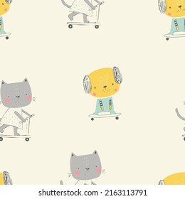 Seamless pattern with cute animals, cat and dog,  riding on a scooter. Hand drawn vector illustration