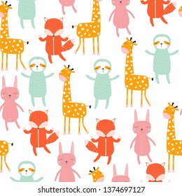 Seamless pattern with cute animals. Childish textile print. Vector hand drawn illustration.