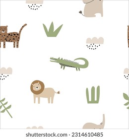 Seamless pattern with cute animals: crocodile, elephant, leopard, lion. Vector graphics. Suitable for packaging design, beautiful prints of children's clothing, children's wallpaper, bed linen.