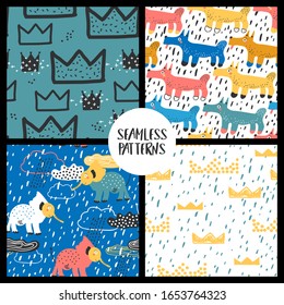 Seamless pattern with cute animals and pattern with crowns. Creative vector background for fabric, textile, nursery wallpaper. 